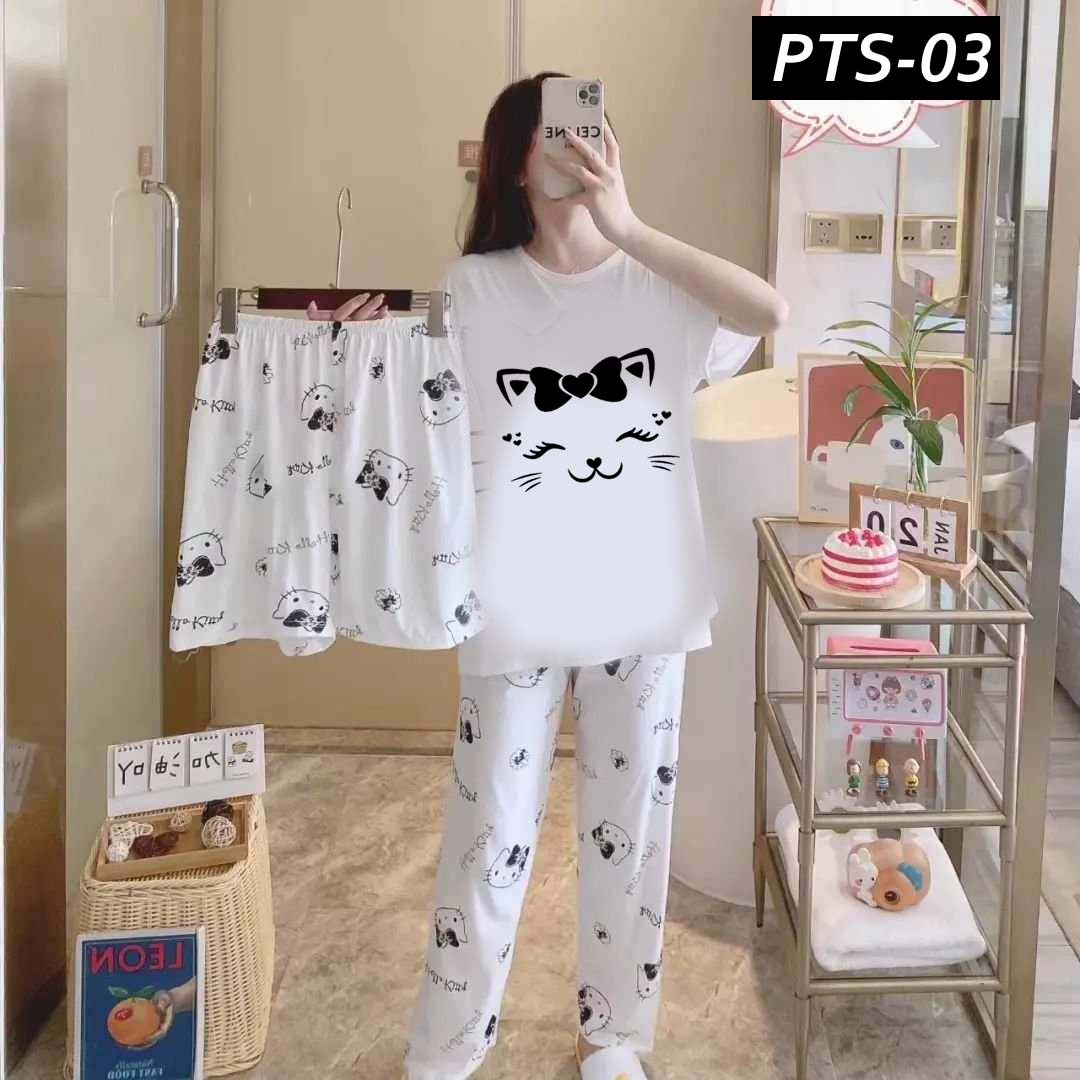 Kitty Printed 3-Pcs Summer Launge & Night Wear Suit. PTS-03