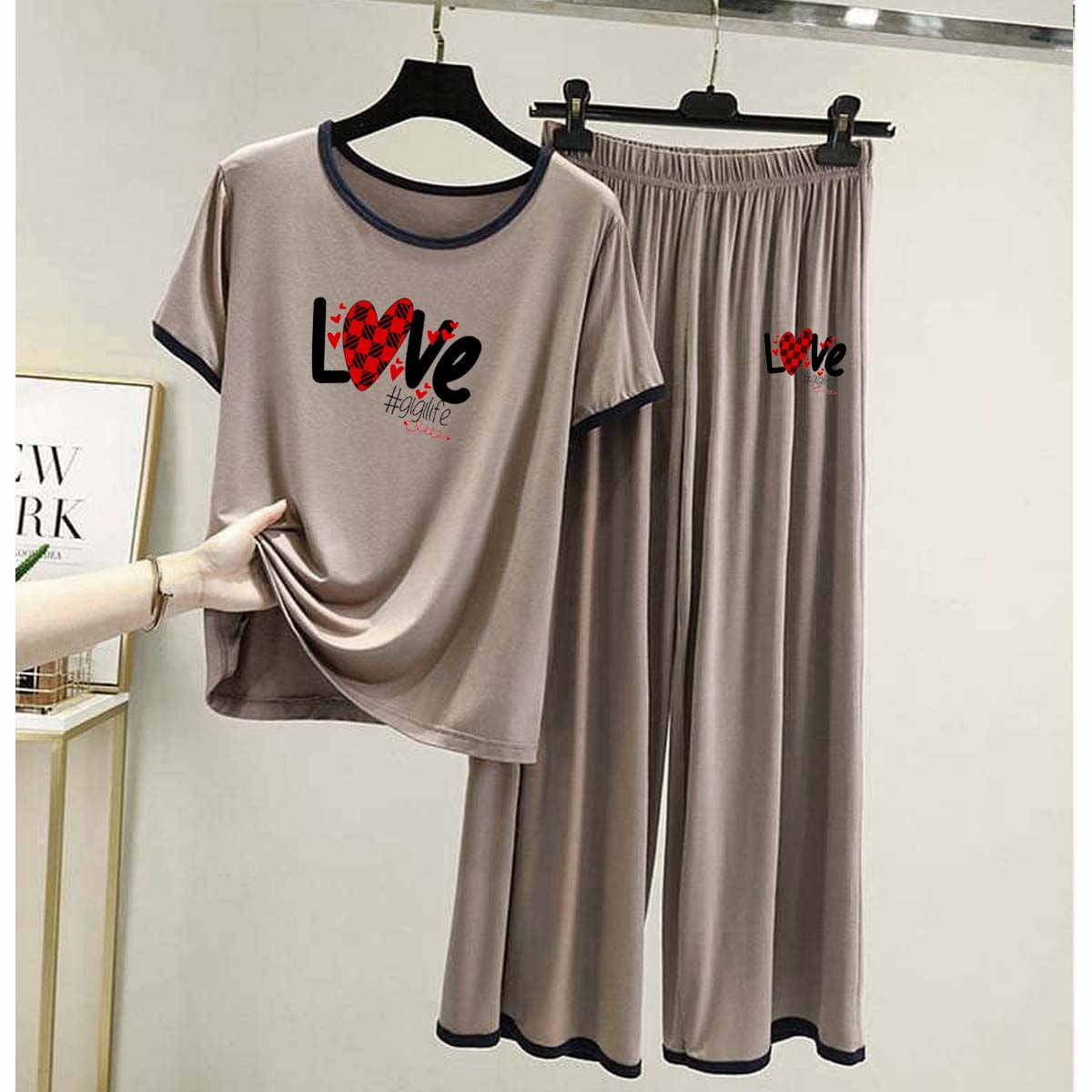 Contrast Tape-Style Big-Printed 2-Pcs Lounge And Night Wear Suit. WLW-07