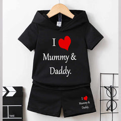 I Love D+M Kids Hooded Style 2-Pcs Summer Suit. (HOTS+SH) I Love D+M Kids Hooded Style 2-Pcs Summer Suit. (HOTS+SH)
