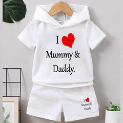 I Love D+M Kids Hooded Style 2-Pcs Summer Suit. (HOTS+SH) I Love D+M Kids Hooded Style 2-Pcs Summer Suit. (HOTS+SH)