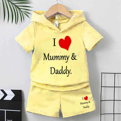 I Love D+M Kids Hooded Style 2-Pcs Summer Suit. (HOTS+SH) I Love D+M Kids Hooded Style 2-Pcs Summer Suit. (HOTS+SH)