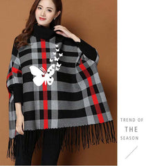 Checkered Butterfly Printed Style Winter Bat-Wing Poncho. Checkered Butterfly Printed Style Winter Bat-Wing Poncho.