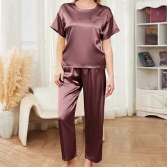 Imported Pocket Tshirt-Style 2-Pcs Silk Nightsuit. (Tshirt+Pajama) Imported Pocket Tshirt-Style 2-Pcs Silk Nightsuit. (Tshirt+Pajama)