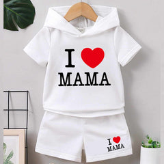 I Love MAMA Kids Hooded Style 2-Pcs Summer Suit. (HOTS+SH) I Love MAMA Kids Hooded Style 2-Pcs Summer Suit. (HOTS+SH)