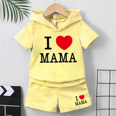 I Love MAMA Kids Hooded Style 2-Pcs Summer Suit. (HOTS+SH) I Love MAMA Kids Hooded Style 2-Pcs Summer Suit. (HOTS+SH)