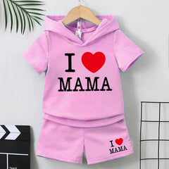 I Love MAMA Kids Hooded Style 2-Pcs Summer Suit. (HOTS+SH) I Love MAMA Kids Hooded Style 2-Pcs Summer Suit. (HOTS+SH)