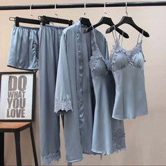 Imported Lace Style Complete 5-Pcs Silk Nightsuit. Imported Lace Style Complete 5-Pcs Silk Nightsuit.