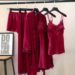 Imported Lace Style Complete 5-Pcs Silk Nightsuit. Imported Lace Style Complete 5-Pcs Silk Nightsuit.