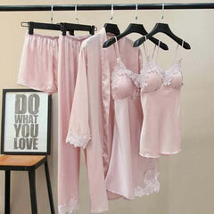 Imported Lace Style Complete 5-Pcs Silk Nightsuit. Imported Lace Style Complete 5-Pcs Silk Nightsuit.