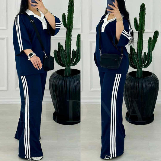 Contrast Collar 3-Stripe Style Western 2-Pcs Summer Tracksuit For Her. WSTS-06