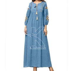 Denim Sleeves Bunch Embroidery Long Maxi For Winter's D-2. Denim Sleeves Bunch Embroidery Long Maxi For Winter's D-2.