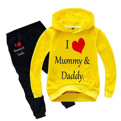 Kids I love Mummy and Daddy Printed Hoodie Style 2-Pcs Winter Track-Suit. Kids I love Mummy and Daddy Printed Hoodie Style 2-Pcs Winter Track-Suit.