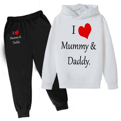 Kids I love Mummy and Daddy Printed Hoodie Style 2-Pcs Winter Track-Suit. Kids I love Mummy and Daddy Printed Hoodie Style 2-Pcs Winter Track-Suit.