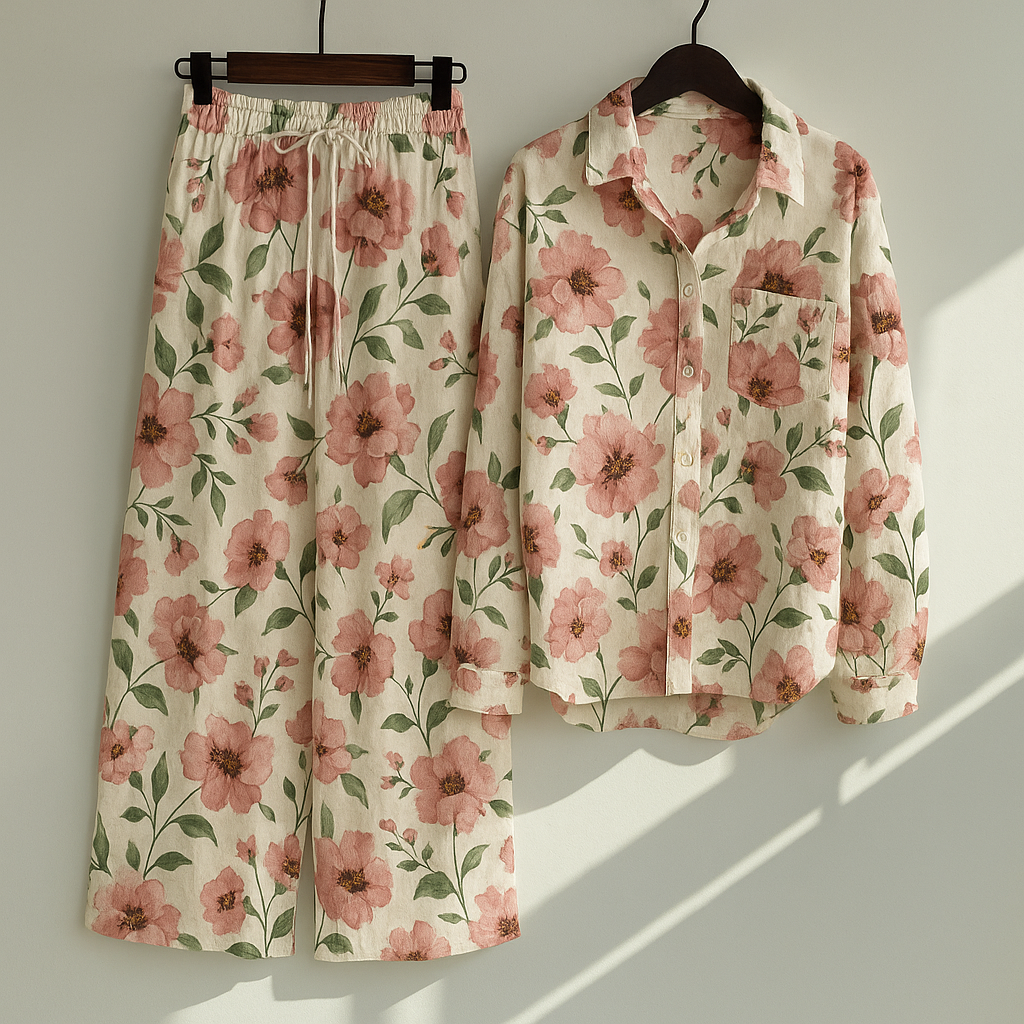 T-Pink Flower Printed Western Shirt Style 2-Pcs Stiched Co-Ord Set.