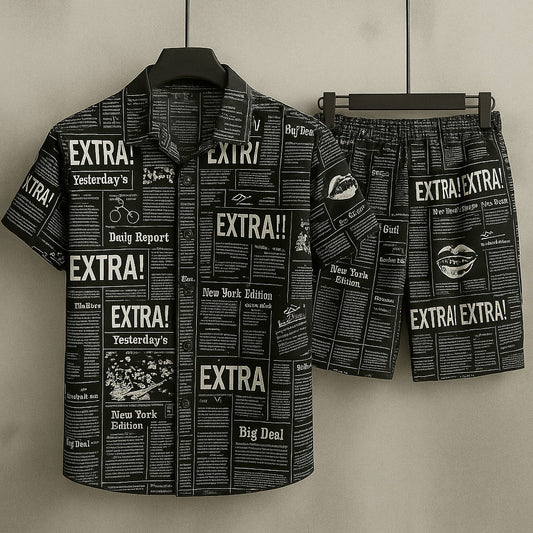 All-Over News-Paper 3D Printed Premium Quality Dry-Fit 2-Pcs Summer Suit. MS3D-15