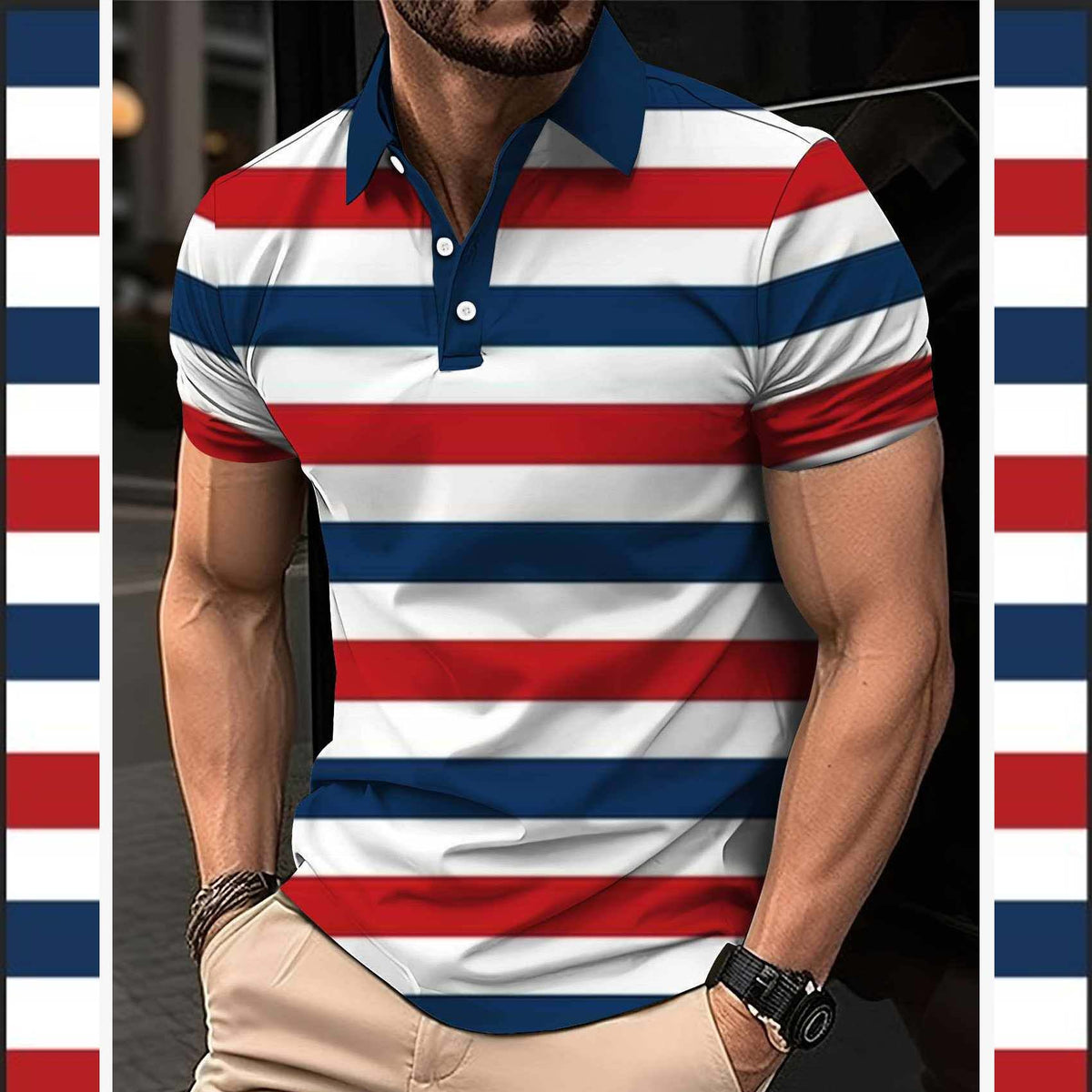 Dry-Fit 3D Stripe Printed Style Half-Sleeve Polo Summer Tshirt. MS3DP-104