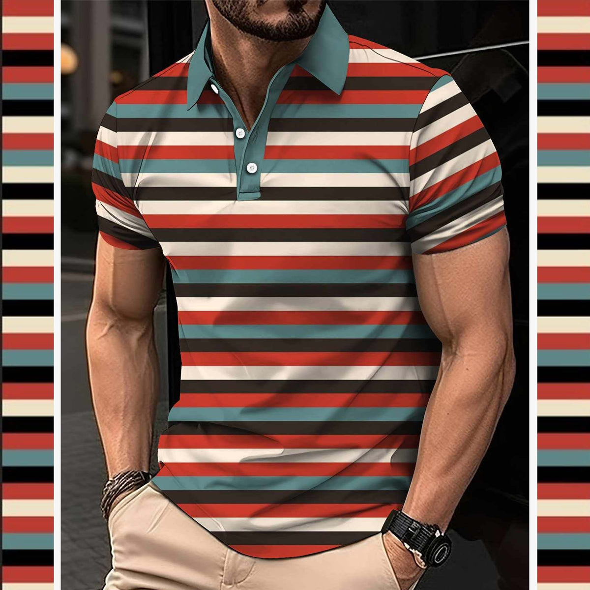 Dry-Fit 3D Stripe Printed Style Half-Sleeve Polo Summer Tshirt. MS3DP-105