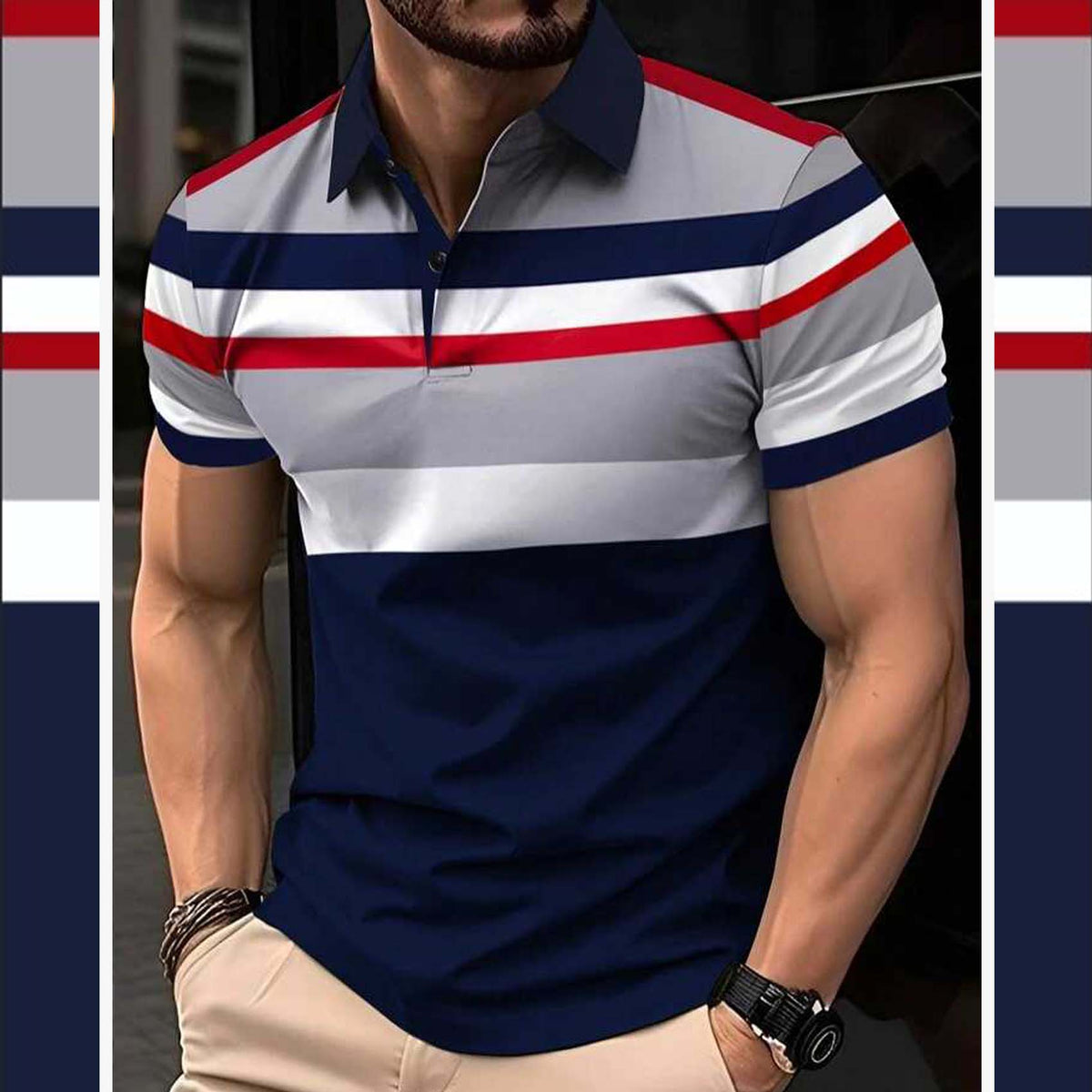 Dry-Fit 3D Stripe Printed Style Half-Sleeve Polo Summer Tshirt. MS3DP-106