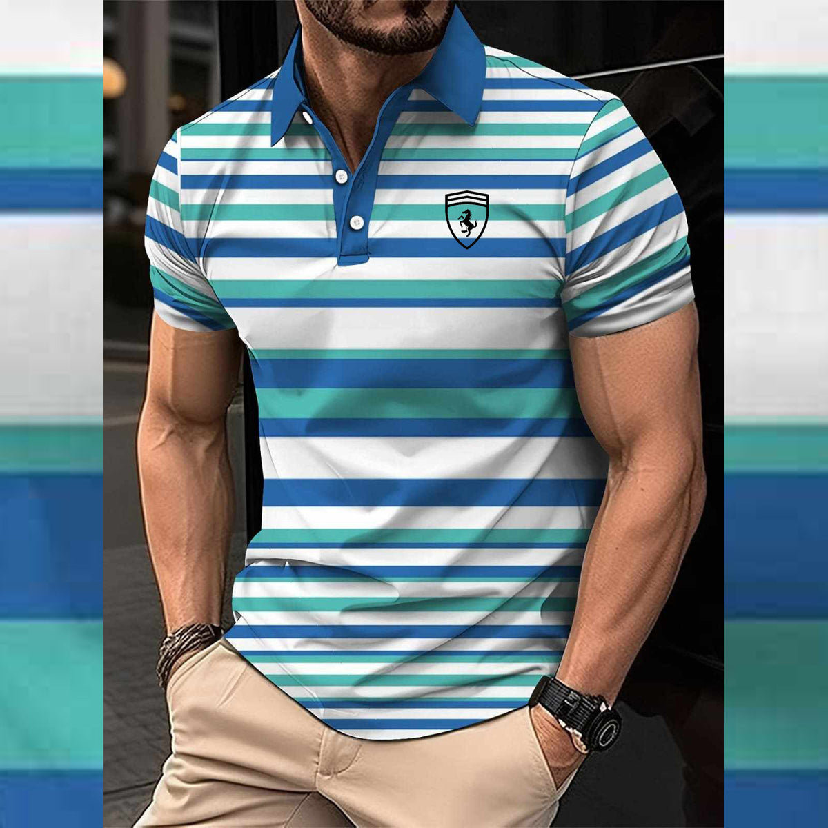 Dry-Fit 3D Stripe Printed Style Half-Sleeve Polo Summer Tshirt. MS3DP-16