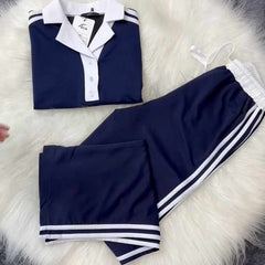 Blue Contrast Collar Style Western 2-Pcs Summer Dry-Fit Tracksuit For Her. WSTS-01 Blue Contrast Collar Style Western 2-Pcs Summer Dry-Fit Tracksuit For Her. WSTS-01
