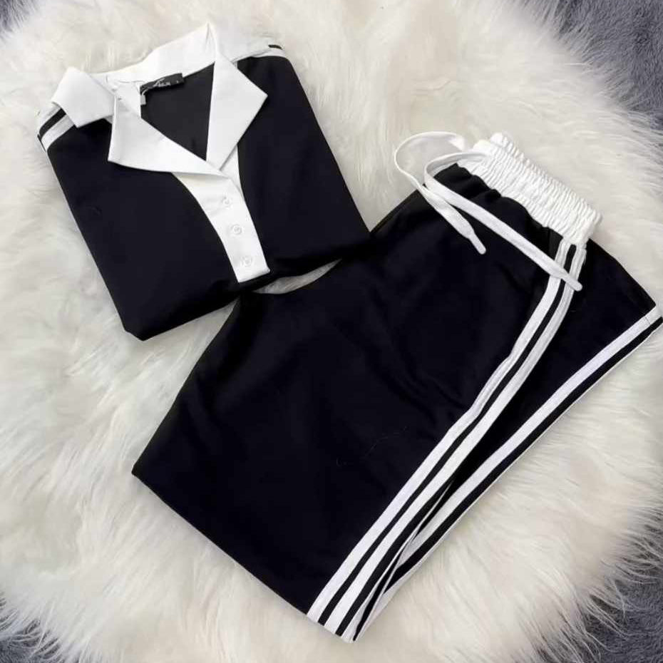 Black Contrast Collar Style Western 2-Pcs Summer Dry-Fit Tracksuit For Her. WSTS-01