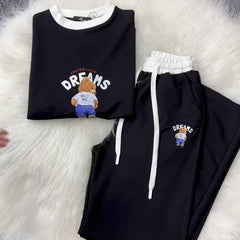 Black Bear Dreams Drop-Shoulder Style 2-Pcs Summer Dry-Fit Tracksuit For Her. WSTS-02 Black Bear Dreams Drop-Shoulder Style 2-Pcs Summer Dry-Fit Tracksuit For Her. WSTS-02