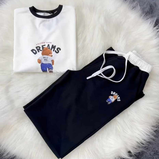 White-Black Bear Dreams Drop-Shoulder Style 2-Pcs Summer Dry-Fit Tracksuit For Her. WSTS-02