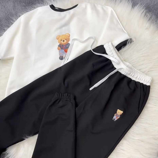 White-Black Bear Going Drop-Shoulder Style 2-Pcs Summer Dry-Fit Tracksuit For Her. WSTS-03