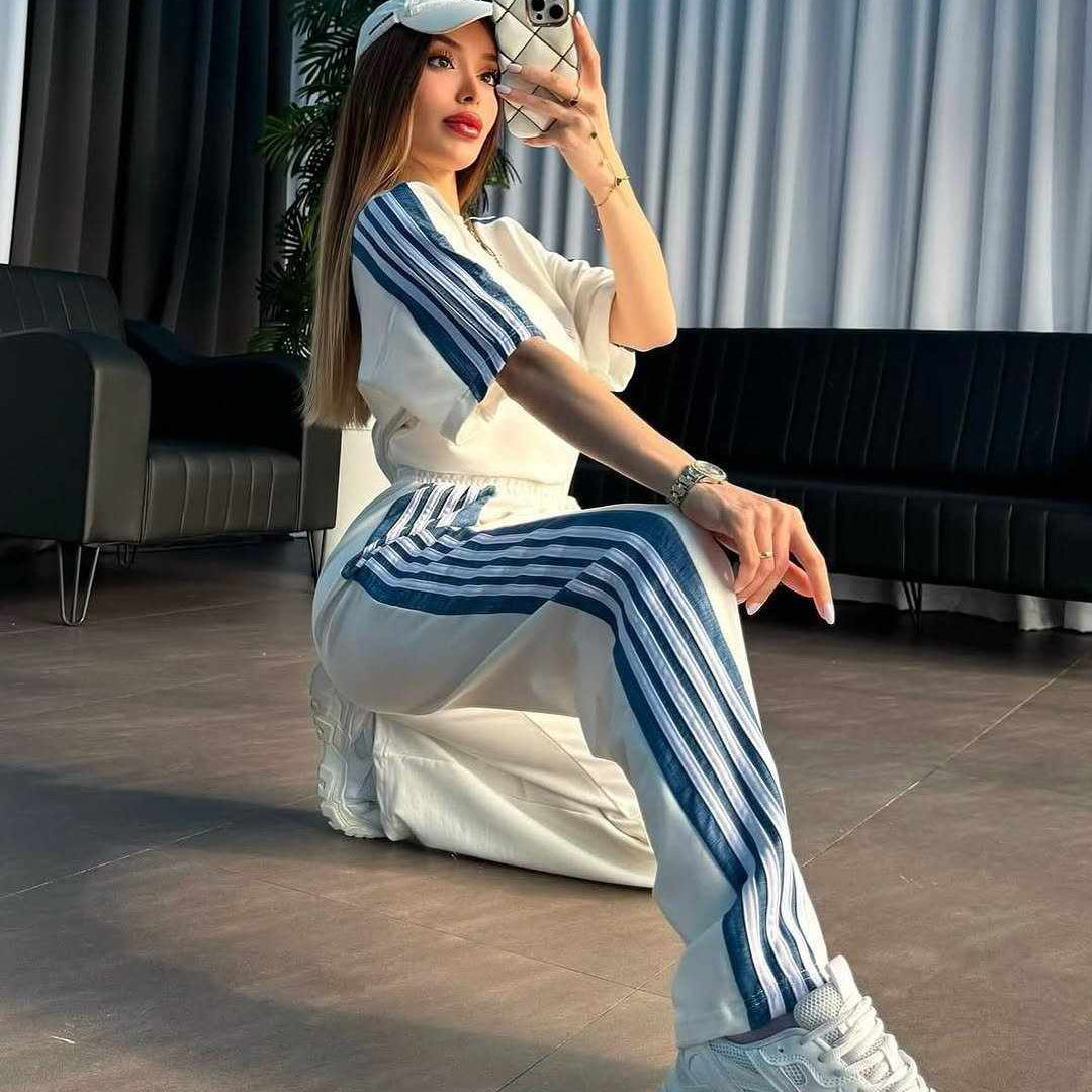 White Drop-Shoulder Stripe Style 2-Pcs Summer Dry-Fit Tracksuit For Her. WSTS-04