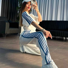 White Drop-Shoulder Stripe Style 2-Pcs Summer Dry-Fit Tracksuit For Her. WSTS-04 White Drop-Shoulder Stripe Style 2-Pcs Summer Dry-Fit Tracksuit For Her. WSTS-04