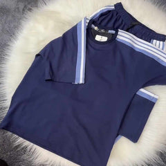 Blue Drop-Shoulder Stripe Style 2-Pcs Summer Dry-Fit Tracksuit For Her. WSTS-04 Blue Drop-Shoulder Stripe Style 2-Pcs Summer Dry-Fit Tracksuit For Her. WSTS-04
