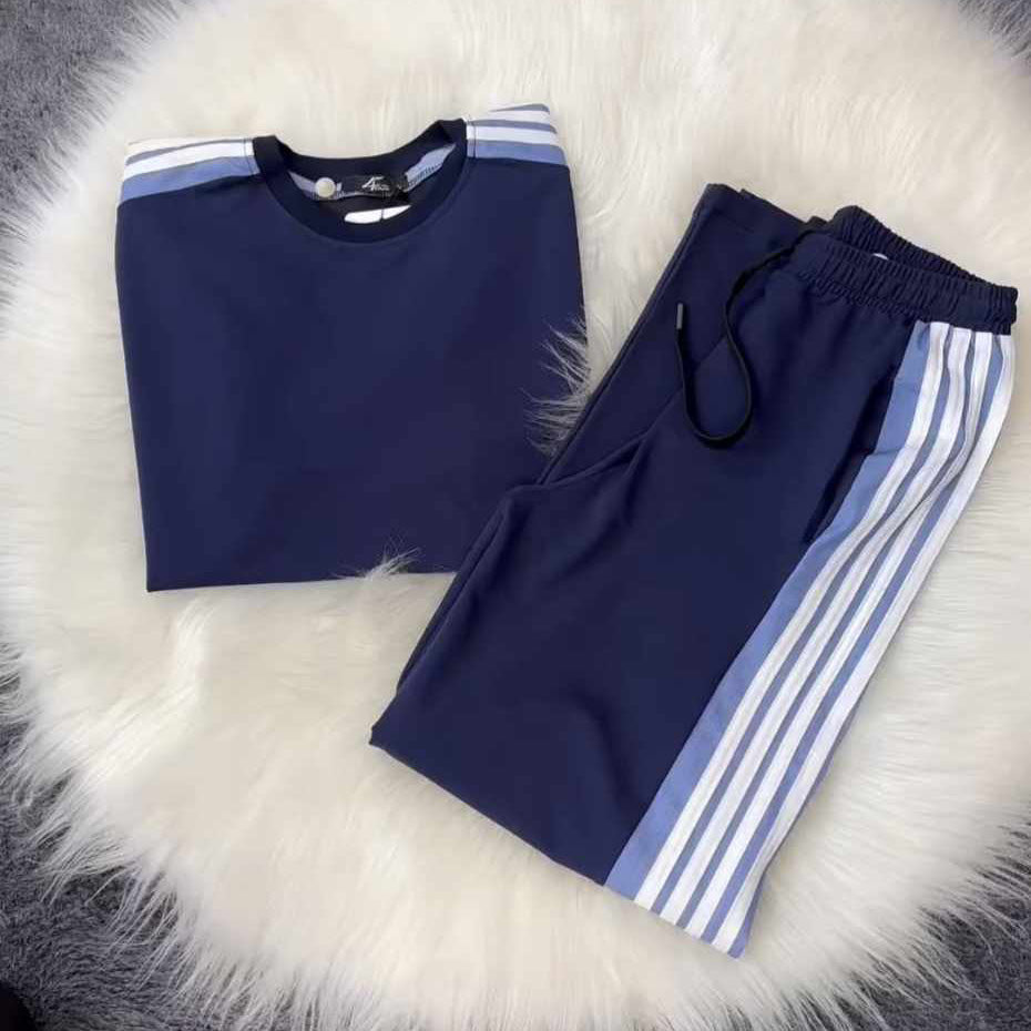 Blue Drop-Shoulder Stripe Style 2-Pcs Summer Dry-Fit Tracksuit For Her. WSTS-04