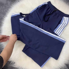 Blue Drop-Shoulder Stripe Style 2-Pcs Summer Dry-Fit Tracksuit For Her. WSTS-04 Blue Drop-Shoulder Stripe Style 2-Pcs Summer Dry-Fit Tracksuit For Her. WSTS-04