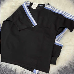 Black Drop-Shoulder Stripe Style 2-Pcs Summer Dry-Fit Tracksuit For Her. WSTS-04 Black Drop-Shoulder Stripe Style 2-Pcs Summer Dry-Fit Tracksuit For Her. WSTS-04