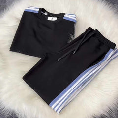 Black Drop-Shoulder Stripe Style 2-Pcs Summer Dry-Fit Tracksuit For Her. WSTS-04 Black Drop-Shoulder Stripe Style 2-Pcs Summer Dry-Fit Tracksuit For Her. WSTS-04