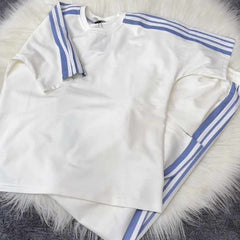 White Drop-Shoulder Stripe Style 2-Pcs Summer Dry-Fit Tracksuit For Her. WSTS-04 White Drop-Shoulder Stripe Style 2-Pcs Summer Dry-Fit Tracksuit For Her. WSTS-04