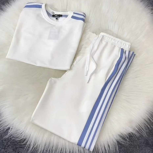 White Drop-Shoulder Stripe Style 2-Pcs Summer Dry-Fit Tracksuit For Her. WSTS-04