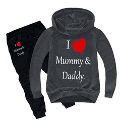 Kids I love Mummy and Daddy Printed Hoodie Style 2-Pcs Winter Track-Suit. Kids I love Mummy and Daddy Printed Hoodie Style 2-Pcs Winter Track-Suit.
