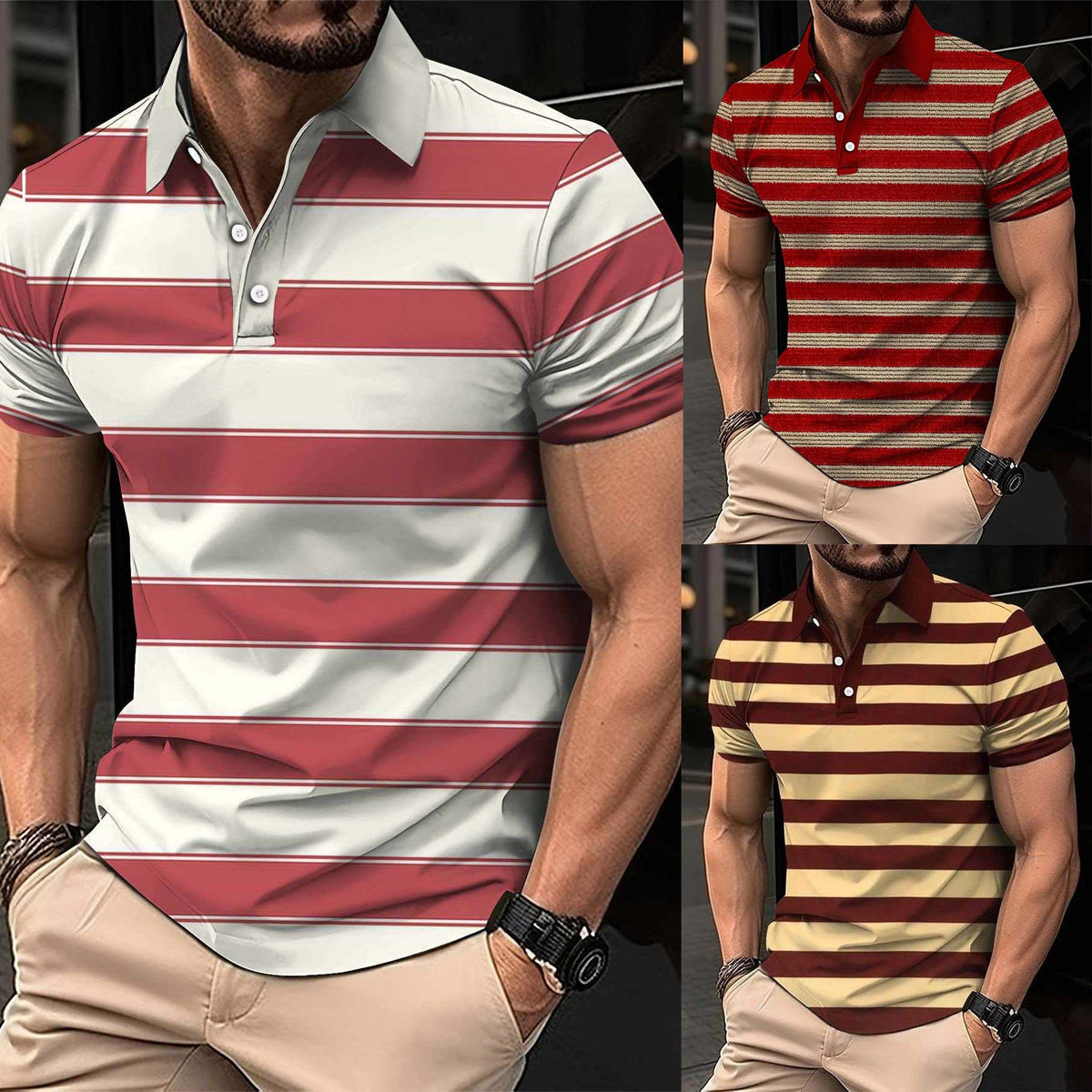 Bundle Of 3 Dry-Fit 3D Stripe Printed Style Half-Sleeve Polo Summer Tshirt's. MS3DP-101+102+108
