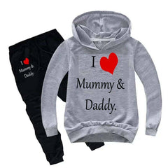 Kids I love Mummy and Daddy Printed Hoodie Style 2-Pcs Winter Track-Suit. Kids I love Mummy and Daddy Printed Hoodie Style 2-Pcs Winter Track-Suit.