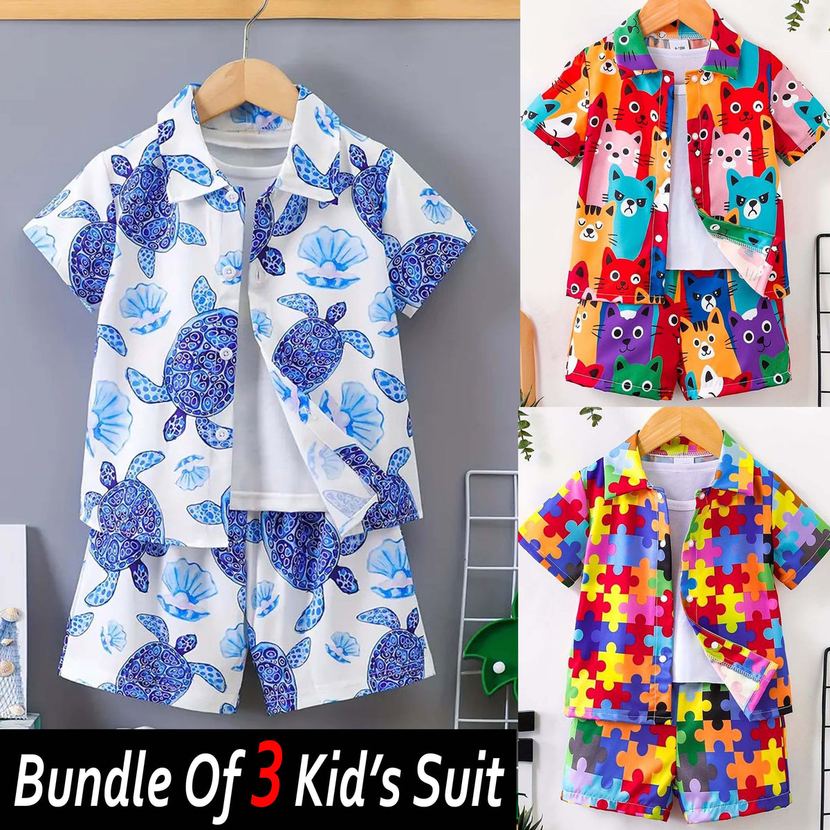 Bundle Of 3 All-Over 3D Printed 2-Pcs Summer Suit For Kids. D-03+04+10