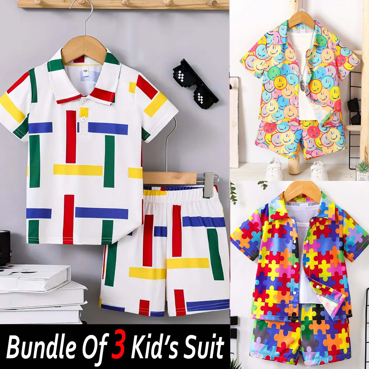 Bundle Of 3 All-Over 3D Printed 2-Pcs Summer Suit For Kids. D-01+04+07