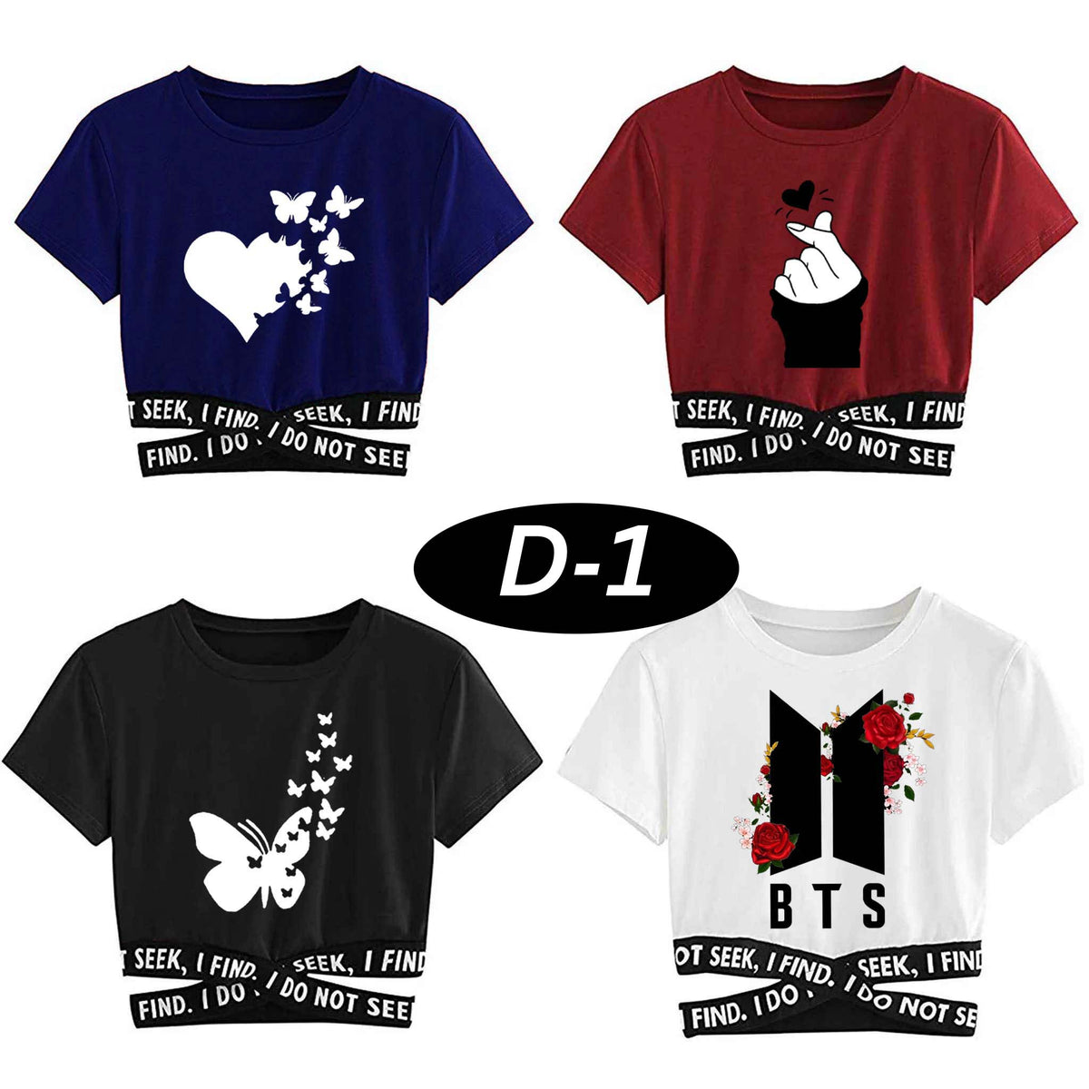 Bundle Of 4 Crop-Top Elastic Waisted Short Sleeve Printed Tee. Design-2