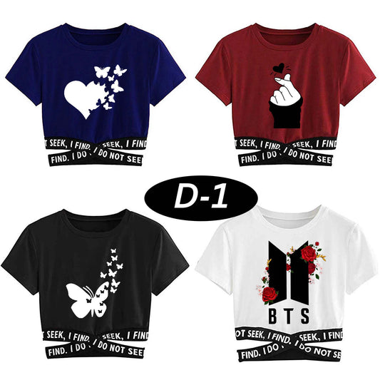 Bundle Of 4 Crop-Top Elastic Waisted Short Sleeve Printed Tee. Design-2