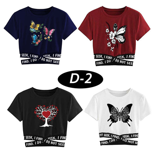 Bundle Of 4 Crop-Top Elastic Waisted Short Sleeve Printed Tee. Design-2