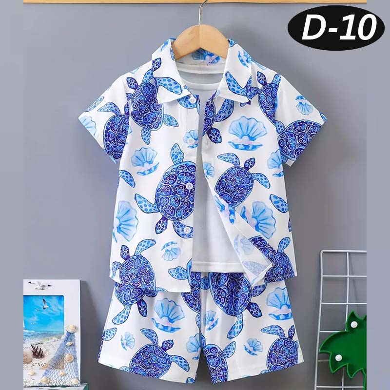 Blue Turtle Style All-Over 3D Printed 2-Pcs Summer Suit For Kids. D-10