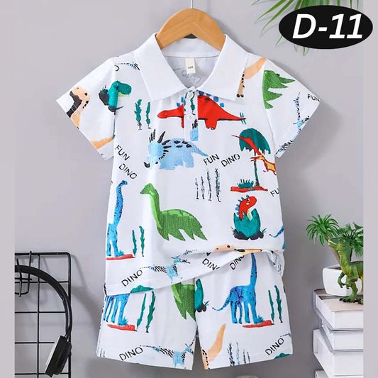 Multi-Colour Dino Style All-Over 3D Printed 2-Pcs Summer Suit For Kids. D-11