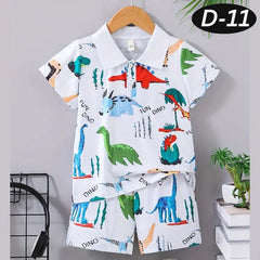 Multi-Colour Dino Style All-Over 3D Printed 2-Pcs Summer Suit For Kids. D-11 Multi-Colour Dino Style All-Over 3D Printed 2-Pcs Summer Suit For Kids. D-11