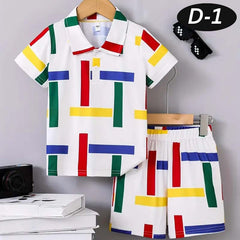 Multi-Lining Polo Style All-Over 3D Printed 2-Pcs Summer Suit For Kids. D-1 Multi-Lining Polo Style All-Over 3D Printed 2-Pcs Summer Suit For Kids. D-1