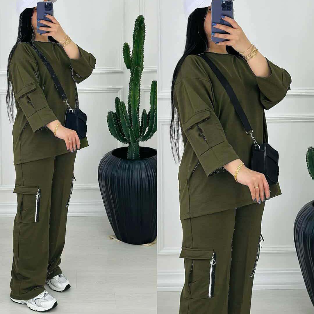 Drop-Shoulder 6-Pocket Cargo Zipper Style Western 2-Pcs Summer Tracksuit For Her. WSTS-07